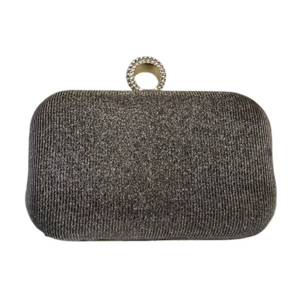 Metallic Shimmer Ring Clasp Evening Clutch Bag with Gold Chain Strap Silver
